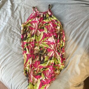 Tropical Leaf Print Halter Dress